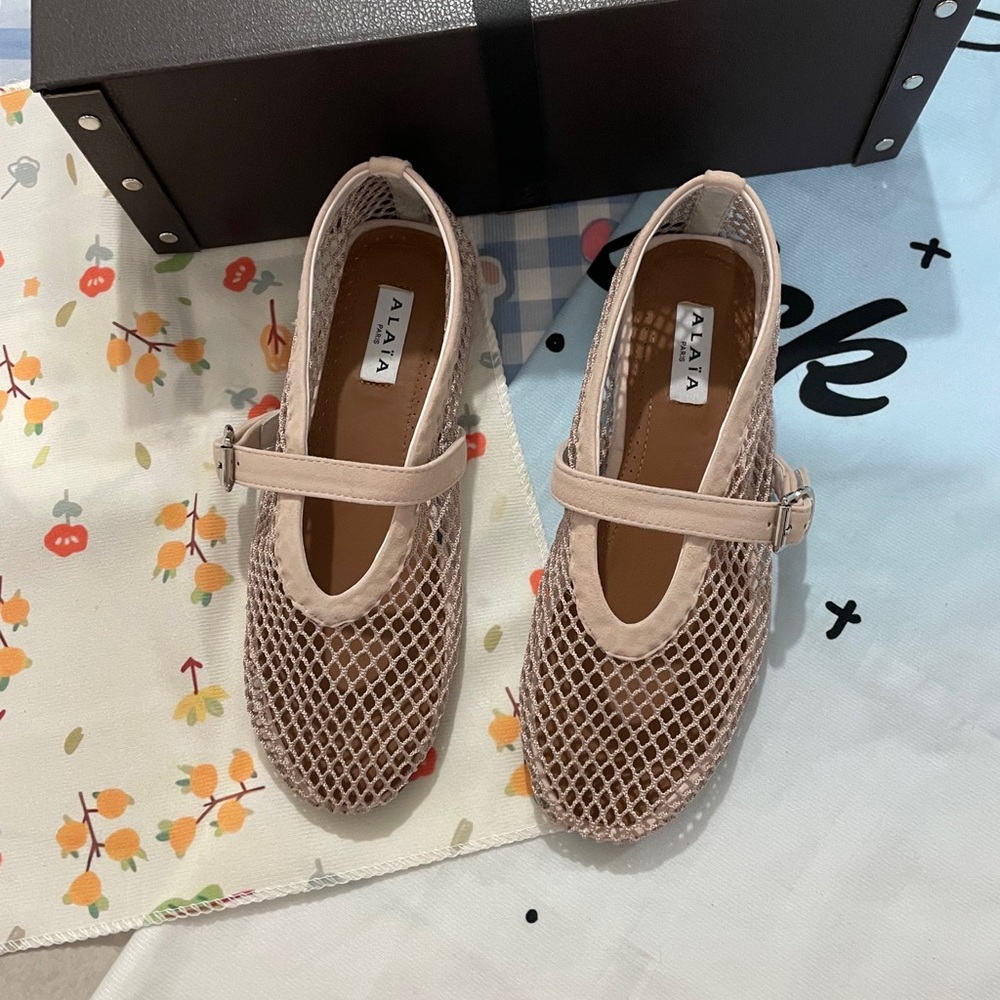 Alaia Blush Beige Mesh Mary Jane Flats with Strap